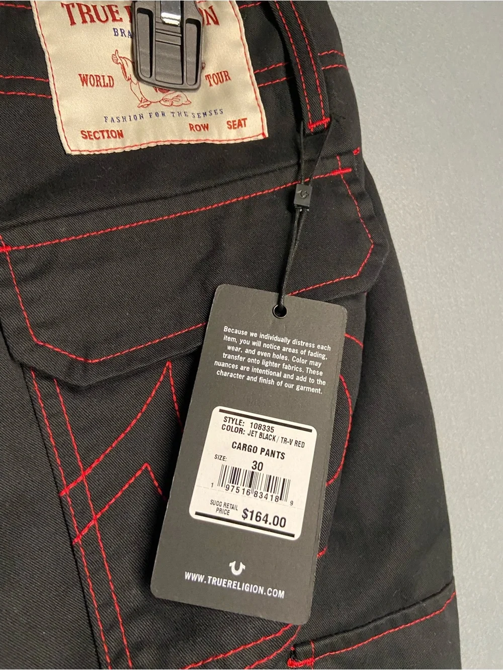 True Religion Black Cargo Pants with Red Contrast Stitching